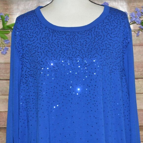 Quacker Factory Womens Plus 3X Blue Sequin Tunic Thin Knit Shirt Party Holiday - Picture 2 of 9